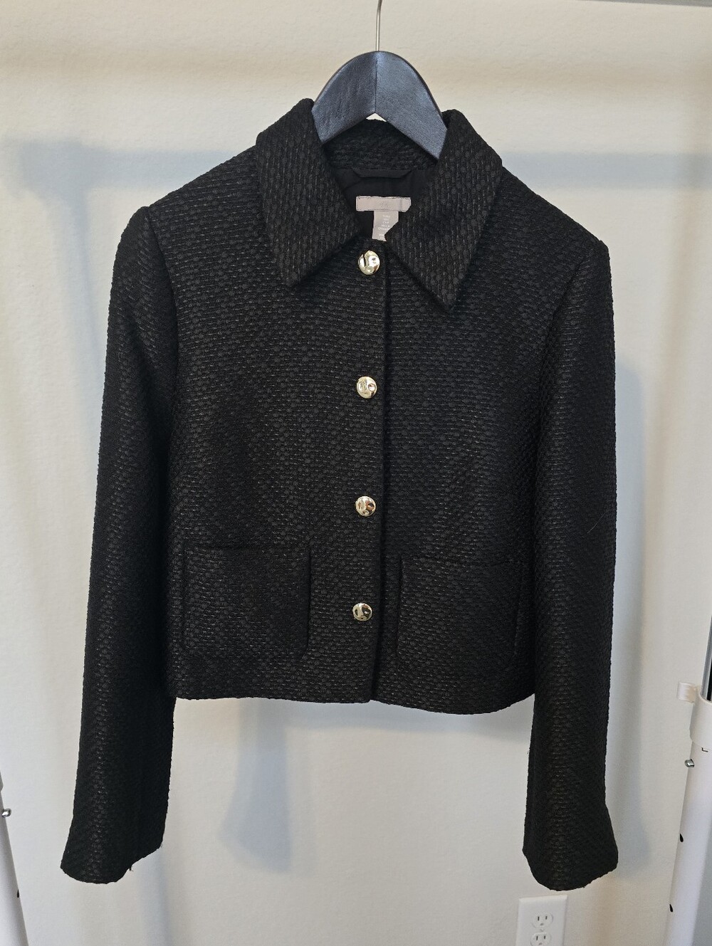H&M Black Textured Cropped Blazer with Gold Buttons